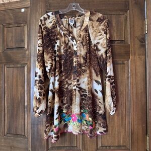 Johnny Was Brown Animal Print Tunic with Floral Accents